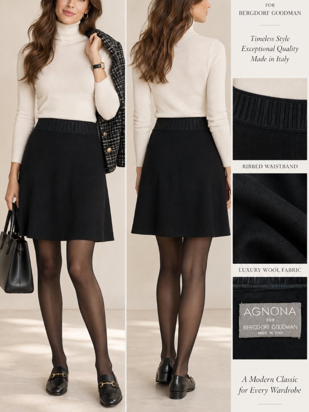 Agnona for Bergdorf Goodman Black Wool A-Line Skirt IT 42 US 6 Italy